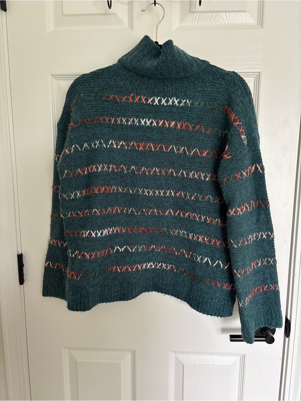 Molly Bracken Teal Turtleneck Sweater with Multicolor Stitching